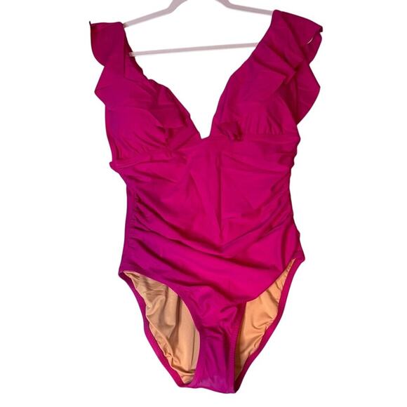 J.Crew Pink Ruched Ruffle One-Piece Swimsuit Size 12 NWT - Picture 2 of 4